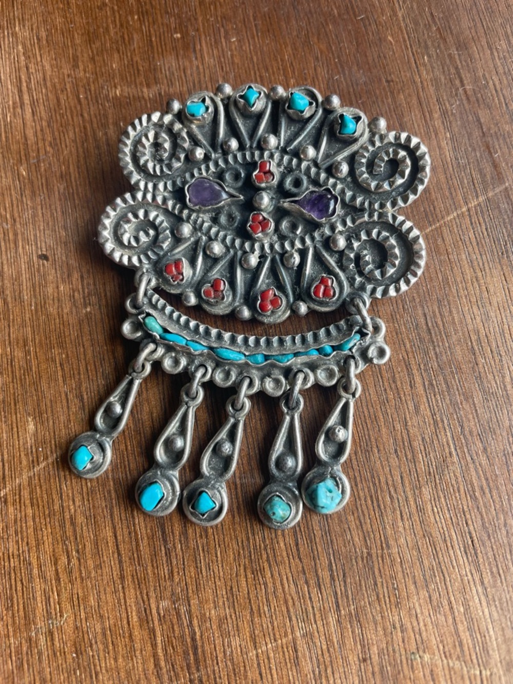 Vintage Mexican Sterling Silver Turquoise & Coral Dangle Brooch Pendant